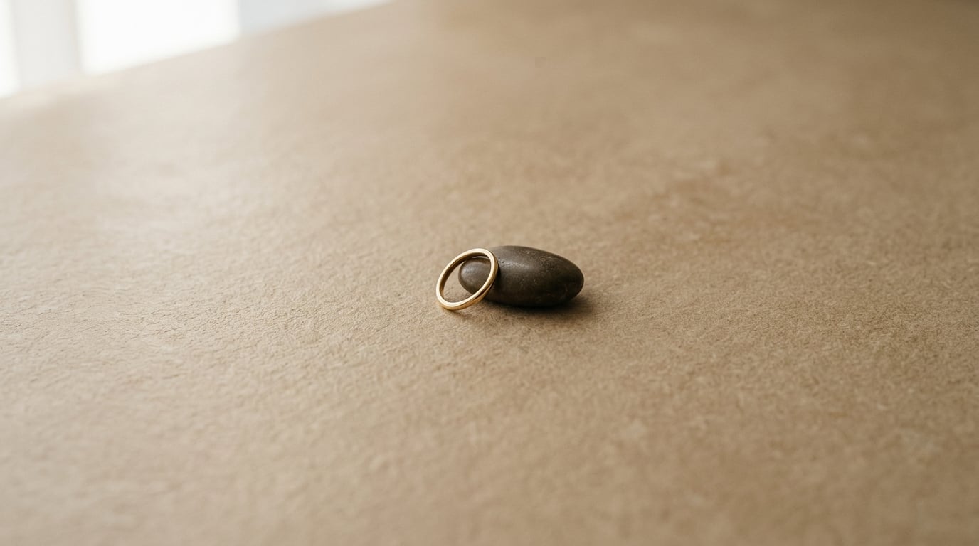 A gold ring resting beside a river stone